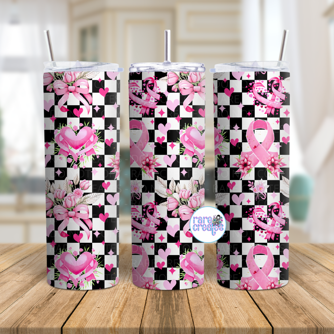 Checkered Pink Ribbon & Hearts Seamless 20oz Skinny Tumbler