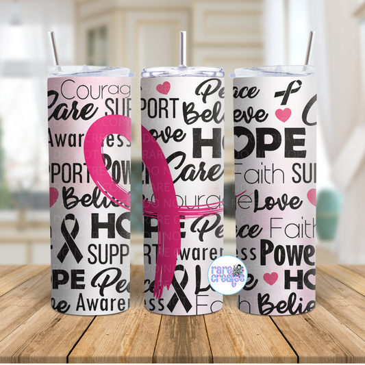 Pink Ribbon Swish Words Collage 20oz Skinny Tumbler